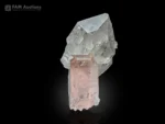 Quartz crystals with sharp, lustrous terminations alongside pale pink morganite, forming an elegant miniature specimen.