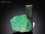 Natural green tourmaline crystal combined with fluorite and albite, a rare mineral specimen for collectors and display.