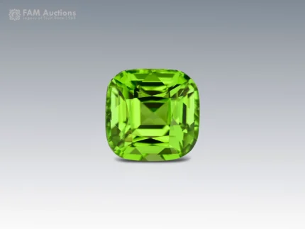 2.85 carat cushion cut peridot gemstone from Supat Valley, Pakistan, showing vivid green color and excellent clarity