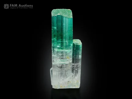 Gemmy bicolor tourmaline crystal showing green to pink color zoning with a side baby crystal.