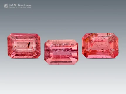 Matching emerald cut vayrynenite gemstones, pink color, Shengus Roundu District, Gilgit Baltistan, Pakistan