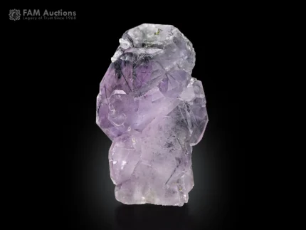 Self-standing purple apatite crystal with white tones and green byssolite inclusions