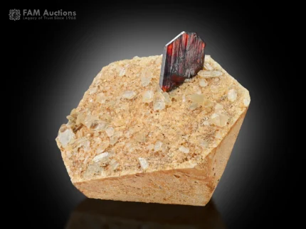 fiery red brookite crystal with quartz on matrix kharan district baluchistan pakistan miniature specimen