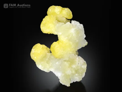 Sculptural lemon yellow brucite crystal formation with white crystalline base.