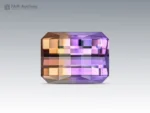 Natural 27.25 carat ametrine gemstone with pixel cut showing purple and golden color zoning and excellent clarity.