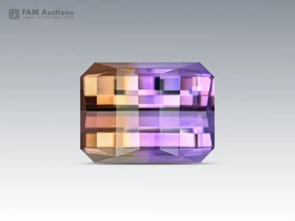 Natural 27.25 carat ametrine gemstone with pixel cut showing purple and golden color zoning and excellent clarity.