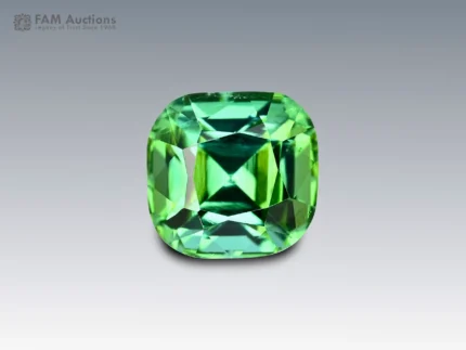 Blue-green cushion-cut tourmaline gemstone with eye-clean clarity.