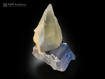 Calcite crystal on blue fluorite matrix, Pakistan mineral specimen.