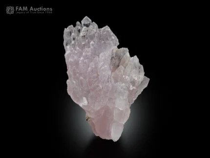 Rose quartz crystal cluster with subtle pink color, natural formation, and good luster on a dark background.