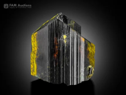 Dark epidote crystal with strong vertical striations and yellow mineralization accents.