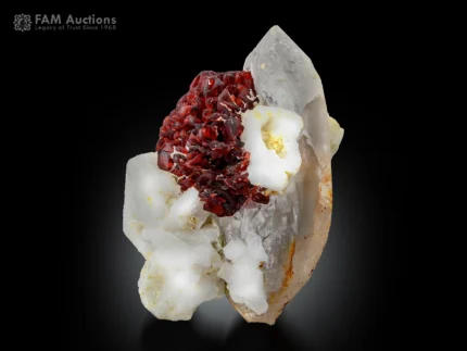 Etched spessartine garnet on quartz with albite, Pakistan mineral specimen.