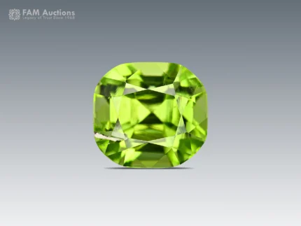 Natural 1.30 carat cushion-cut peridot gemstone from Pakistan with vivid apple green color and excellent luster.