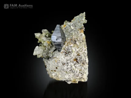 Sharp metallic anatase crystal with chlorite-included quartz on a matrix specimen