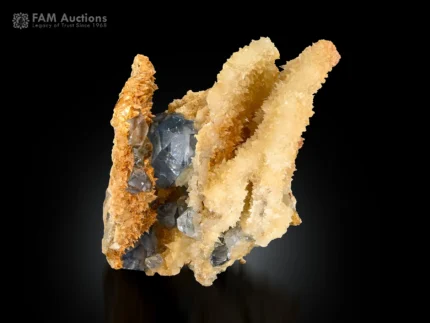 Sharp celestine crystals with sculptural calcite formation on matrix