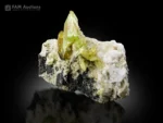 Green titanite crystals with chlorite spray on matrix showing strong luster.