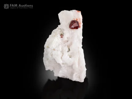 Fiery red Spessartine Garnet crystal on white Albite matrix with excellent contrast