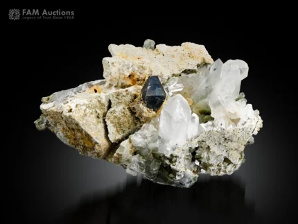 Sharp anatase crystal with quartz and albite matrix mineral specimen.