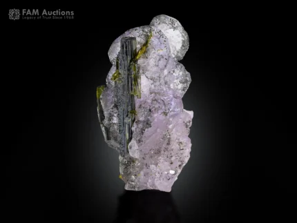 Lilac apatite crystals with epidote and chlorite spray association specimen.