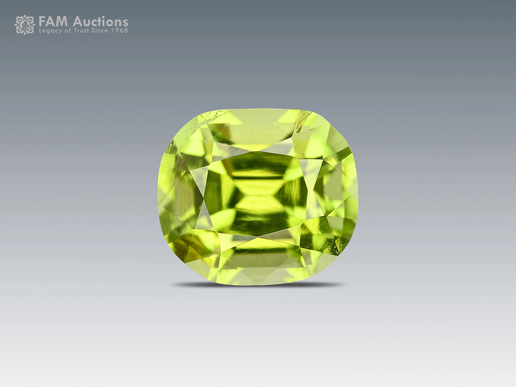 Peridot gemstone Pakistan Display 1.20-carat cushion-cut peridot from Pakistan with a fresh apple-green color and bright reflections.