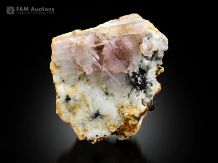 Lustrous pink apatite crystals on a contrasting matrix with sharp crystal faces and excellent aesthetics.