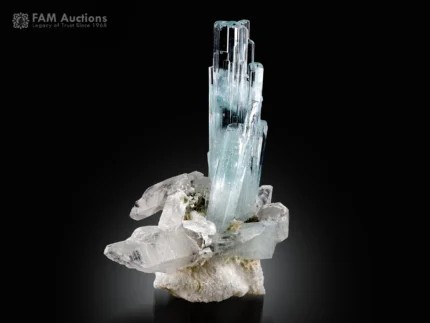 Blue aquamarine crystal with quartz and albite on matrix