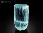 Natural beryl var. aquamarine crystal with blue color and prominent vertical striations.