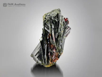 Lustrous black epidote crystals with reddish-brown rutile from Pakistan in a striking mineral association.