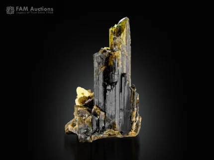 Epidote crystal cluster with elongated dark green crystals from Pakistan.