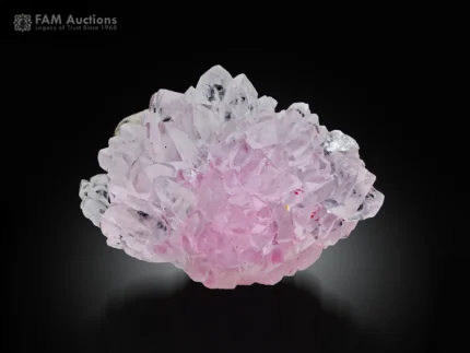 Pink rose quartz crystal cluster with transparent toenail-sized crystals from Pakistan