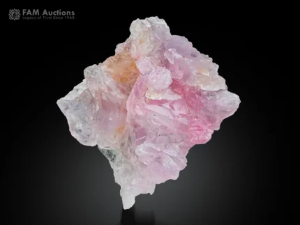 Pink crystallized rose quartz specimen with excellent luster and attractive crystal form.
