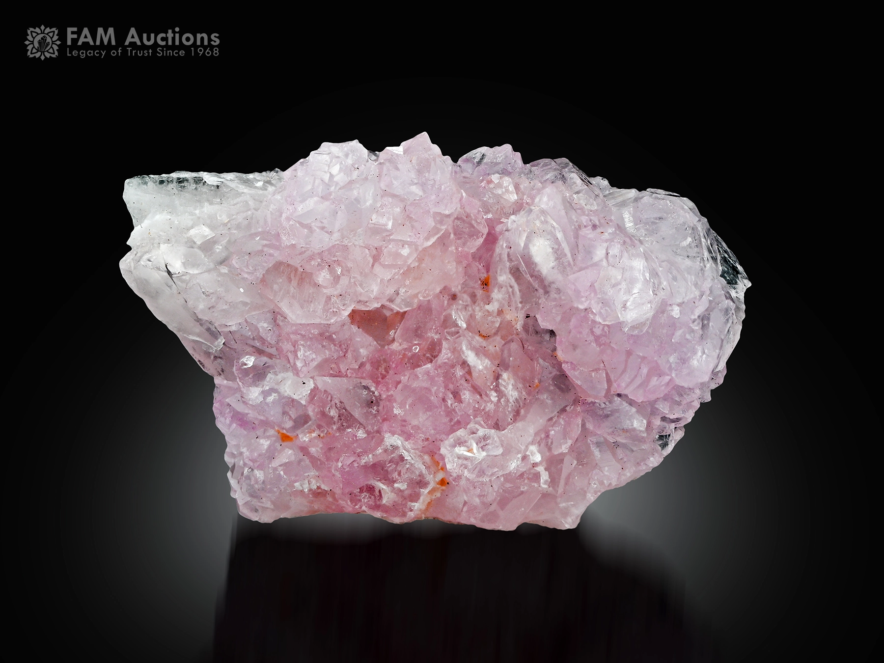 Pink rose quartz crystal (1) Pink rose quartz cluster with crystallized form and superb luster.