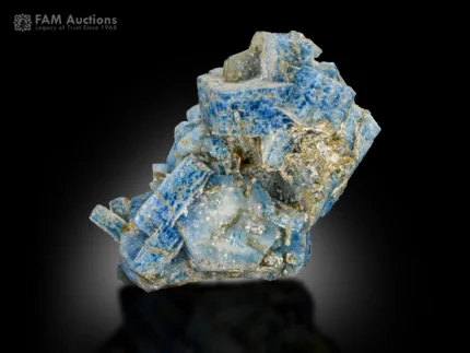 Blue alkali-rich beryl crystal cluster with mica touches