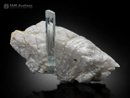 Slender blue aquamarine crystal on contrasting white feldspar matrix