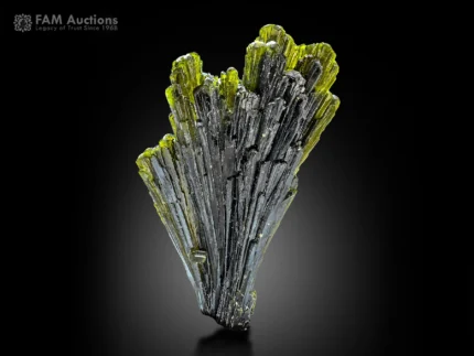Fan-like epidote crystal cluster with dark green and olive-green coloration