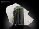 Green cap tourmaline crystal with vivid green termination on contrasting white quartz.