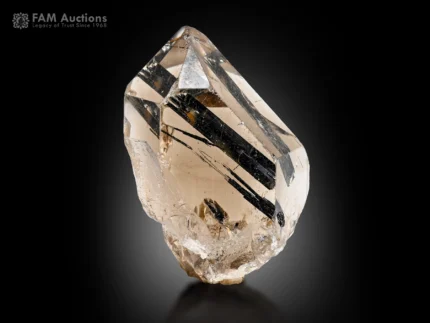 Mica included quartz crystal with smoky hue, good clarity, and dark internal inclusions