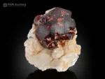 Deep reddish-brown spessartine garnet crystal with contrasting white quartz matrix.