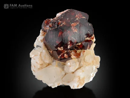 Deep reddish-brown spessartine garnet crystal with contrasting white quartz matrix.
