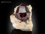 deep red spessartine garnet crystal on albite matrix with muscovite and strong color contrast.