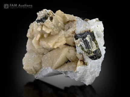 Tourmaline crystals with strong striations on a contrasting feldspar matrix