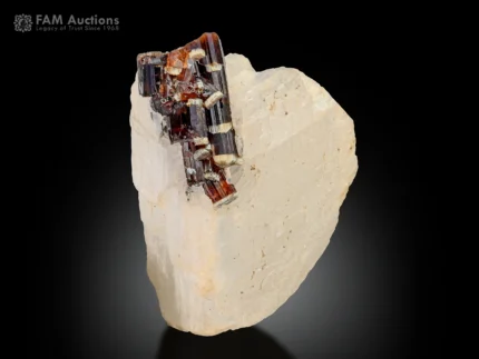 Brown vesuvianite idocrase crystals with white calcite