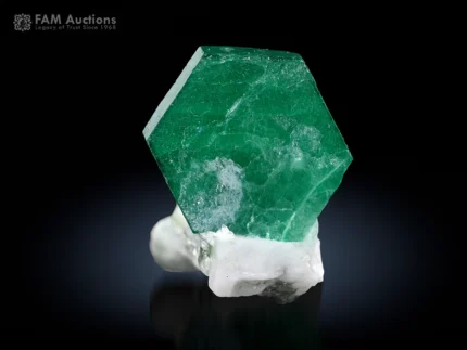 Vibrant green beryl var. emerald crystal on white matrix from Swat, Pakistan.