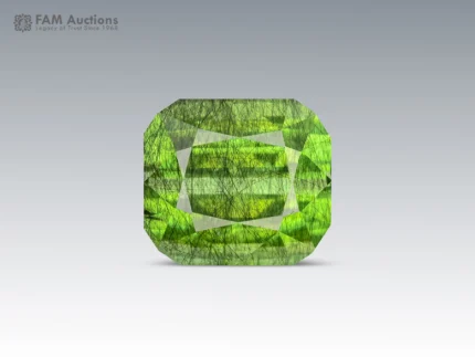 14.35 carat cushion cut green Peridot with dark Ludwigite inclusions from Pakistan.