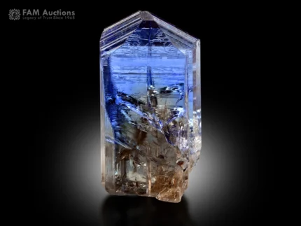 Beautiful blue-purple Tanzanite crystal from Merelani Hills, Tanzania, featuring gemmy transparency, excellent luster, sharp termination, and fascinating internal formations.