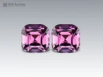 Beautiful pair of lavender spinel gemstones featuring elegant custom cuts, lovely lavender coloration, and brilliant sparkle.